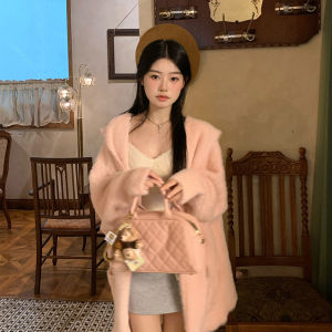 เสื้อคาร์ดิแกนถักขนกระต่ายมีฮู้ดหลวมๆ สำหรับผู้หญิง ทรงหลวม แขนยาว ปกตั้ง สีพื้น ฤดูใบไม้ผลิและฤดูใบไม้ร่วง 2024 ใหม่