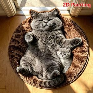VIKAMA Cute Chubby Cat Round Rug Brown Tabby Kitten Circular Carpet Non Slip Washable Soft Mat Bedroom Nursery Decor