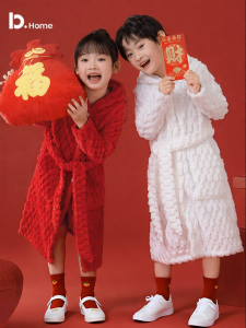 batubatu | Thickened Fleece Flannel Children Hooded Bathrobe Red