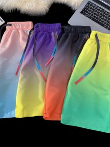 ผ้าไหมน้ําแข็งไล่โทนสีมัดย้อม กางเกงขาสั้น ผู้หญิง กีฬาแฟชั่น ฤดูร้อน หลวม มีเข็มขัด ห้าจุดตรง กางเกง พลัสไซส์ ลำลอง กางเกงขายาว