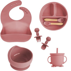 Childrens Dishes Set Baby Silicone 6/8-piece Tableware Set Suction Cups Forks Spoons Bibs Straws Cups Mother and Baby Supplies