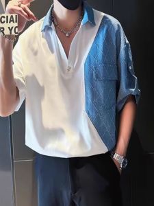 Summer Slim Fit Half Sleeve Polo Shirt Mens Trendy Korean Style Splice Color Block Thin Shirt Five Sleeve Youth Casual Ice Silk