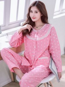 Spring Summer Pure Cotton Long Sleeve Womens Sleepwear Set Thin Loose Mommy Home Clothes Comfortable Breathable Nightgown