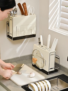 Rak pisau dinding Dapur Stainless Steel Rak penyimpanan bisa gantung dinding model baru multifungsi Rak Gantung Dapur Multifungsi Rak Tempel Tanpa Bor Rak Pisau Rak Tutup Rak talenan