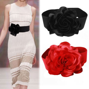 Black Wide Waist Belt with Large Flower Decoration Elastic Band for Womens Dress Accessory Spring Summer Versatile Red Color