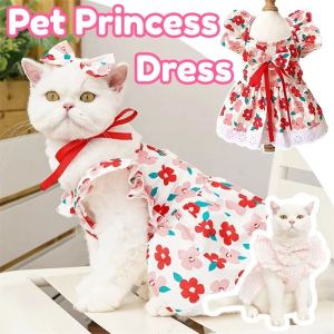 Pet Dress Dog Cat Princess Skirt With Cute Bowknot Dog Floral Print Dress Summer Puppy Clothes S-XL