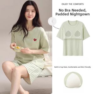 MiiOW | Pure Cotton Sleepwear Three-Piece Set With Chest Pad Womens Short Sleeve Summer Outfit MiiOW Cat Person Comfortable Home Clothes