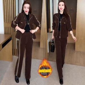 ชุดสองชิ้นผู้หญิง ชุดลำลอง หนา บุขนแกะ แฟชั่น ฤดูใบไม้ร่วง/ฤดูหนาว ใหม่ กระชับสัดส่วน กางเกงขากว้าง ชุดสองชิ้น แฟชั่น