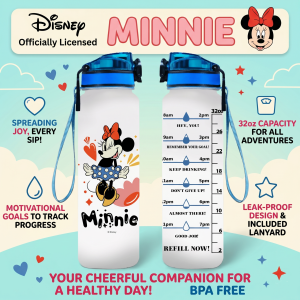 Disney | 1pc 32oz Disney Mickey & Minnie Mouse Water Bottle Leakproof with Time Marker Motivational Design for Outdoor Sport Gym Reusable