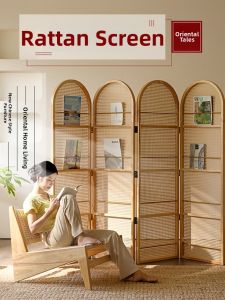 MU FENG ZHI NAN | Foldable Retro Movable Rattan Screen Storage Rack