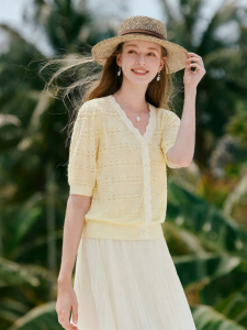 XIANGYING | Linen Short Sleeve V-Neck Light Thin Knit Cardigan