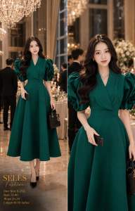 SELES Apparel Elegant 3D Rose Sleeve Midi Dress for Women | Wrap V-Neck A-Line Formal Party Wedding Guest Dress | Freesize S–2XL