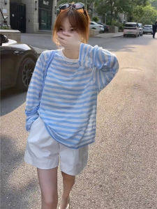 UV Protection Light Blue Striped Ice Silk Long Sleeve T Shirt