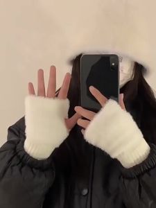 Soft Winter Half Finger Gloves Women Warm Luxury Solid White Plush Knitted Fingerless Gloves Wrist Mittens Writting