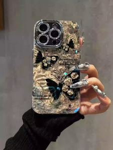 Jingjiao Vintage Oil Painting Rose Butterfly Phone Case for  16Pro Max Womens Silicone Protective Cover Anti-Fall with Lens Film