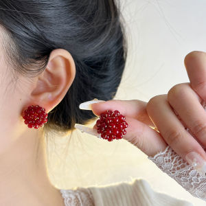 Elegant round Bead Raspberry Red Drop Earrings Womens Fashion Jewelry  out New Years Fine Accessories Korean Style