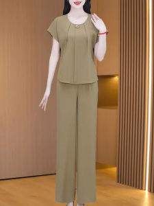 MAIMEI | Ice Silk Cotton Linen Two-Piece Set Womens Fashionable Summer High-End Brand Wide Lady Elegant Stylish Long Pants Short Sleeve