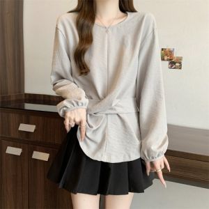 เสื้อเชิ้ตผู้หญิงสไตล์ฝรั่งเศส ทรงหลวม แขนยาว คอกลม สีพื้น เส้นใยโพลีเอสเตอร์ ทรงหลวม สไตล์ย้อนยุค สง่างาม เสื้อตัวบน