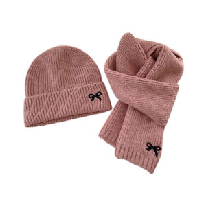 2PCS Korean Kids Knitted Hats Scarfs Suit Winter Children Beanie Soft Thicken Girls Boys Hat Cute Bow Embroidered Warm Cap