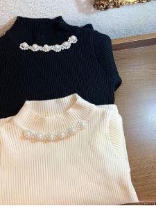 Girls Knitted Pearl Collar Base Shirt Sweater Inner Layer Versatile Beautiful Soft Polyester Fiber Princess Style Childrens Wear