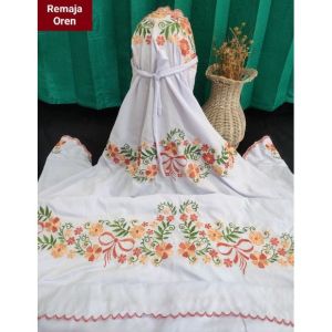 Mukena Katun Polino Terusan Size Dewasa Motif Bordir Bunga Alysum Cantik Bahan Adem