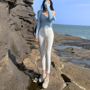 White Elastic High Waist Womens Jeans Slim Fit Nine Point Spring Autumn New Style Slimming Light Blue Long Pants