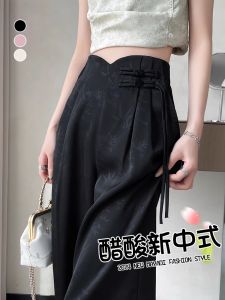 High-End Acetate Satin Womens Pants Flared Legs Embroidered Button Korean Style Commute Straight Tube High Waist Long Summer