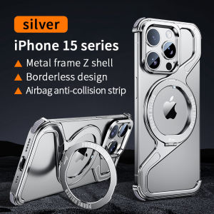Metal Aluminium Alloy Frameless Phone Case For iPhone 14 13 15 Pro Max 360° Stand Rimless Bumper Shockproof Metal Cover Z Shape Titanium Metal Phone Case for iPhone 15 14 13 Pro Max 14Pro 13Pro Phone Protective Cover Bumper w/ 360° Rotation Holder