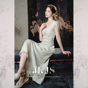 JK＆JS | Elegant New Chinese Style Long Dress Silk Embroidery Chilly Artistic Sense Skirt High Waist A-Line Summer Short Sleeve Plant Floral