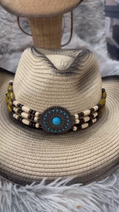 หมวกฟางสานคาวบอย สายคาดหินฟ้าเล็ก ลุคตะวันตกเท่คลาสสิก ปีกกว้างบังแดด ใส่สบายไม่ร้อน 05-X0E+00HAT06