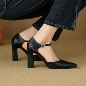 Yusi Home ~ inside and outside Leather ~ Retro Hollow High Heels Chunky Heel Square Toe Ankle-Strap Buckle Closed Toe Sandals Spring and Summer
