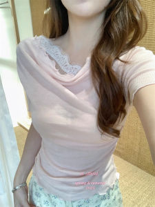 Summer Slim Fit Lace Splice Shoulder Bared Knitwear Short Sleeve T-Shirt Womens Fashionable Casual Style Pure Color Top