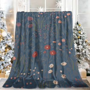 Beast Kingdom | Navy Warm Wildflower Meadow Line Art Flannel Blanket Soft Fuzzy Plush Cozy Warm Throw for Sofa Bed Couch Home Decor