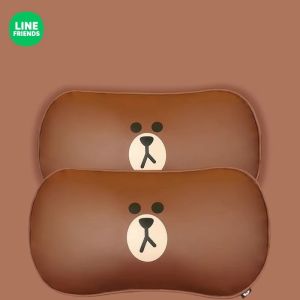 Line Friends Brown Bear Car Seat Cushion Neck Support Pillow Vehicle Mounted Comfortable Natural Fiber Filled Leather Cover