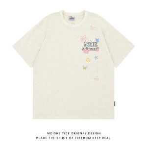 เสื้อยืดแขนสั้นผู้ชายสไตล์อเมริกันย้อนยุคปักลายผีเสื้อหลวมๆ สำหรับฤดูร้อน ดีไซน์ที่อเนกประสงค์ ทรงพอดีตัว คอตตอนผสมโพลีเอสเตอร์