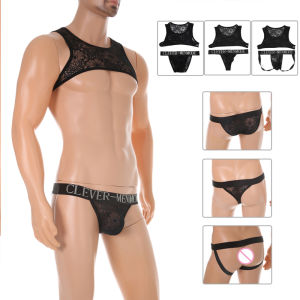 Men Lingerie Set Ultra Thin Lace Embroidery Bra Panties Sets See Through Transparent Underwear Plus Size
