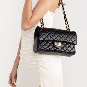 HOPE ROZA Women Crossbody Bag Quilted Black Leather Chain Organizer - Black quilted leather with gold chain strap and turn-lock closure.