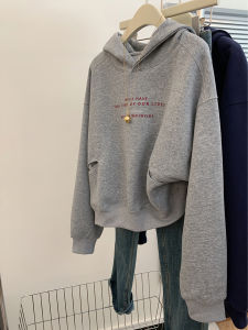 Korean Style Casual Grey Hoodie Womens Loose Fit Long Sleeve Fleece Lined Top Autumn Winter New Arrival Small Size Friendly
