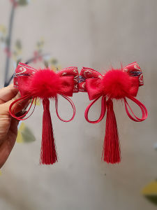 Red Fox Fur Hair Clips for Girls Childrens Festive Ball Tassel Double Pronged Princess Hair Accessories Baby Hanfu Hair Cards