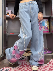 Sweet And Cool Butterfly Embroidery Wide Leg High Waist Straight Jeans Womens Denim Pants Spring Autumn New Style Street Style