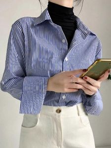 Blue Striped Layering Womens Shirt Design Sensation Commute Inner Wear Top Loose Slimming Autumn Winter Professional Atmosphere