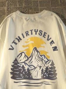 100% Pure Cotton American High Street Mountain Print Hand-Tied Long Sleeves T-shirt Men and Women Autumn Trendy Loose Casual Top