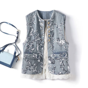 New Chinese Style National Trend Sequin Embroidery Denim Vest Women Summer 2025 New Patchwork Lace Sleeveless Shoulder Pad Vest