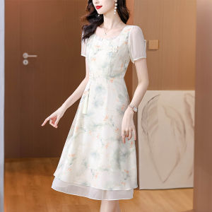 MAIMEI | Elegant Floral Print Midi Dress Womens Summer New Style Slimming A-Line Skirt Korean Style Commute Polyester Fiber Short Sleeve