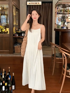 Pleated suspender skirt summer dress temperament slim dress loose solid color dress for woman