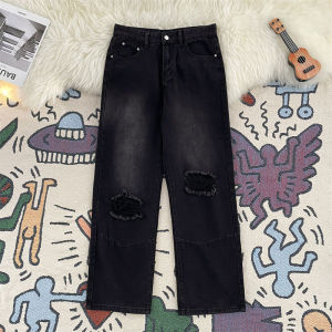 กางเกงยีนส์ทรงหลวมขาตรงสีดำสไตล์ย้อนยุคสำหรับผู้ชาย กางเกงขายาวทรงหลวมสไตล์ฮิปฮอปสตรีทสไตล์อเมริกันสำหรับฤดูร้อน