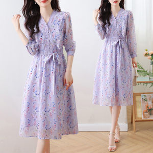 Impression Fashion Women Elegant French Chiffon Floral V-neck Long Sleeve Tunic High Waist A-line Long Dress