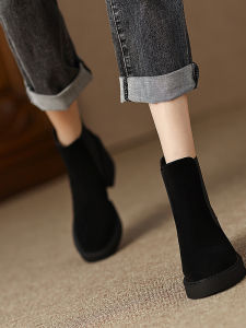 Womens Chelsea Short Boots Thick Bottom High Heel Faux Suede Martin Boots Autumn Winter Large Size 41 43 Waterproof Rubber Sole