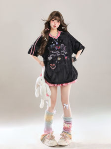 American Style Printed V-Neck Short Sleeve T-Shirt Women Summer New Jersey Design Loose Fit Half Sleeve Sweet Girl Commute