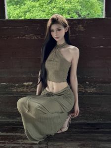 Elegant Two-Piece Set Neckline Halter Skirt Bodycon Summer Fashion Casual Cotton Blend Mid-Waist Printed round Neck Tank Top